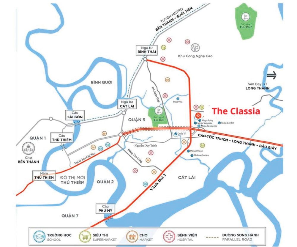 Dự án The Classia tọa lạc ngay vòng xoay Liên Phường, cụ thể là đường Võ Chí Công, phường Phú Hữu, Thành phố mới Thủ Đức