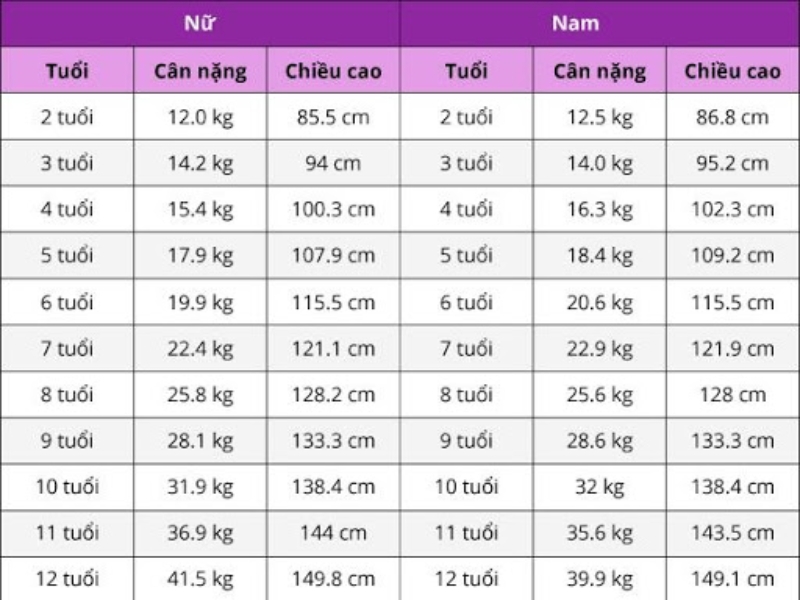 Bảng đo chiều cao cân nặng theo độ tuổi